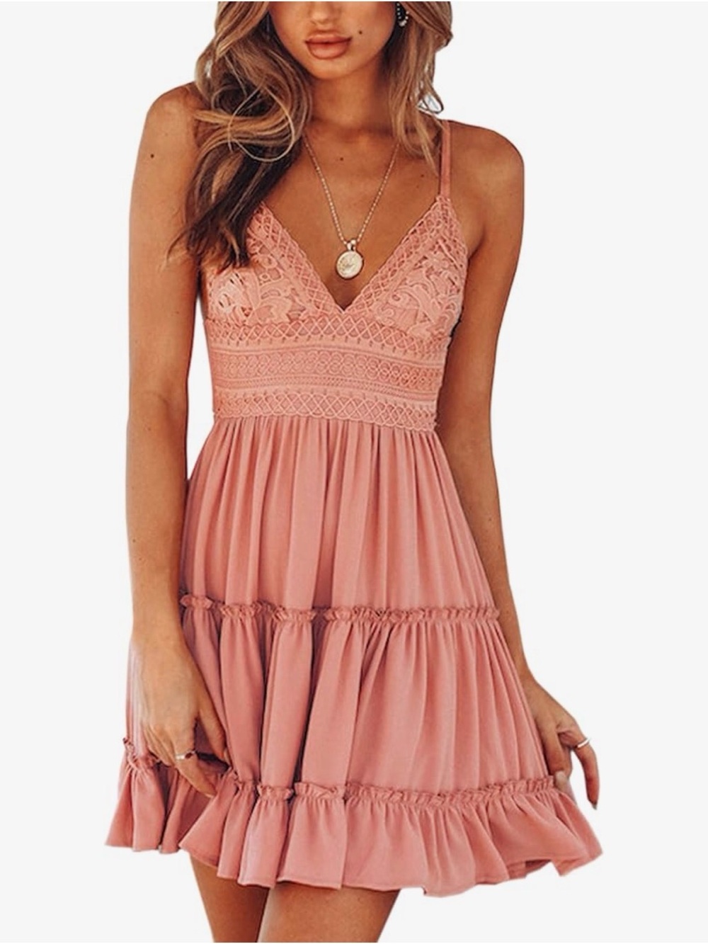 Ecowish Women's Pink Lace V Neck Tie Back  Sundress size S